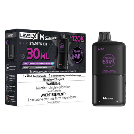 Level X M30 Groovy Grape Passionfruit 120K Starter Kit with 30mL prefilled pod and Obsidian Black battery