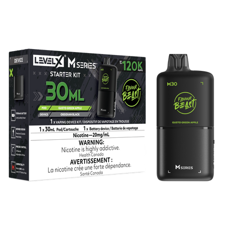 Level X M30 Gusto Green Apple Iced 120K Starter Kit with 30mL green apple ice pod and rechargeable battery