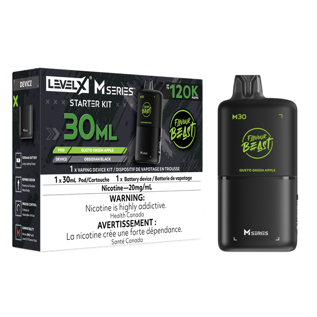 Level X M30 Gusto Green Apple Iced 120K Starter Kit with 30mL green apple ice pod and rechargeable battery
