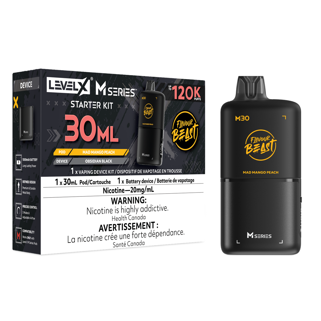 Level X M30 Mad Mango Peach Iced 120K Starter Kit with 30mL mango peach ice pod and rechargeable battery
