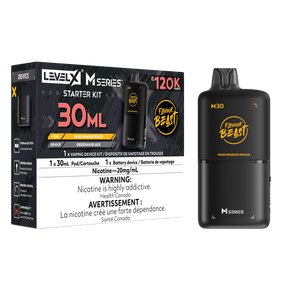 Level X M30 Mad Mango Peach Iced 120K Starter Kit with 30mL mango peach ice pod and rechargeable battery