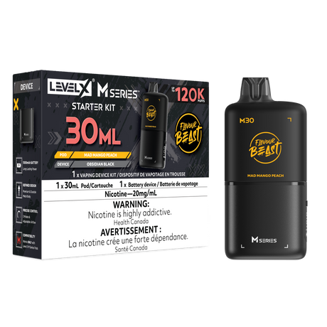 Level X M30 Mad Mango Peach Iced 120K Starter Kit with 30mL mango peach ice pod and rechargeable battery