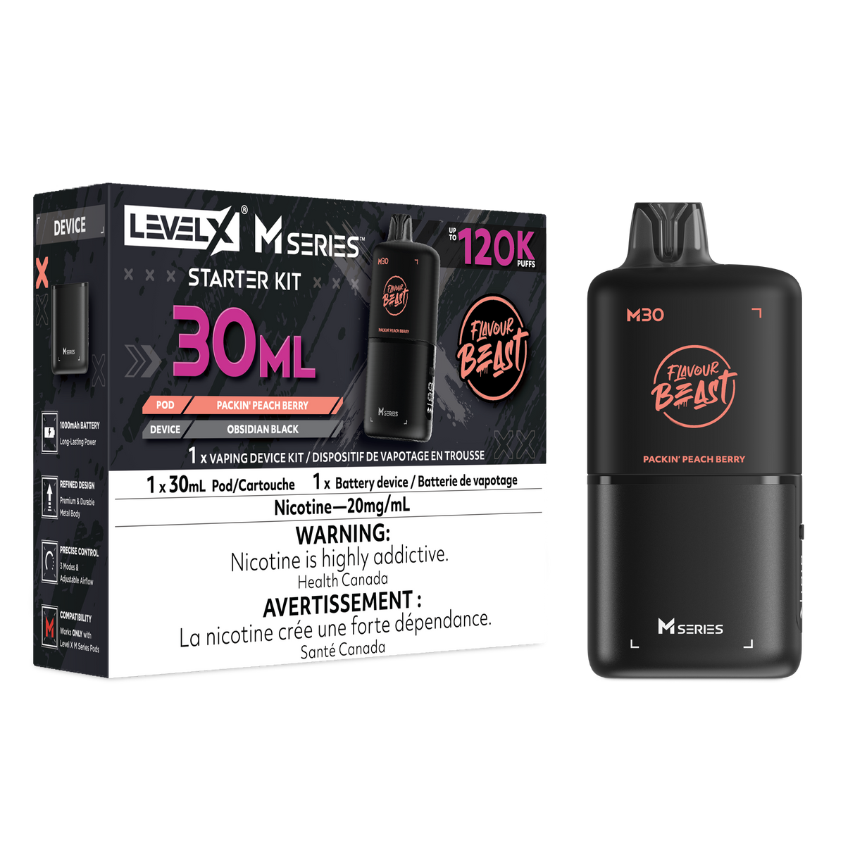 Level X M30 Packin Peach Berry 120K Starter Kit with 30mL peach blueberry raspberry pod and Obsidian Black rechargeable battery