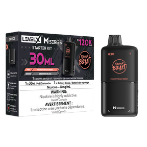 Level X M30 Packin Peach Berry 120K Starter Kit with 30mL peach blueberry raspberry pod and Obsidian Black rechargeable battery