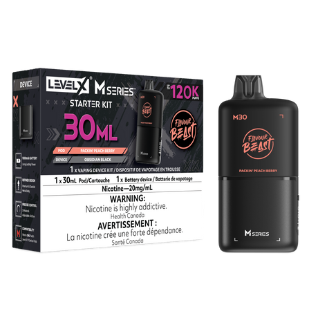 Level X M30 Packin Peach Berry 120K Starter Kit with 30mL peach blueberry raspberry pod and Obsidian Black rechargeable battery