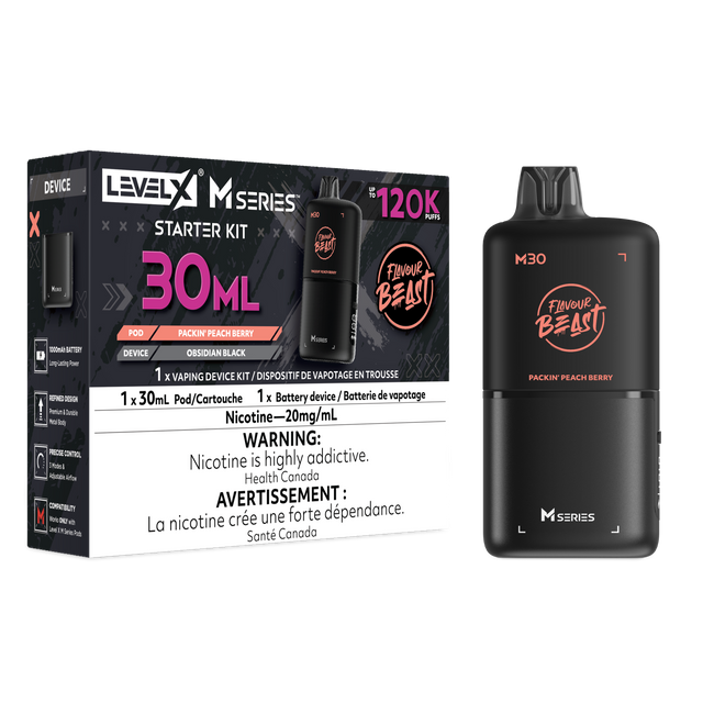 Level X M30 Packin Peach Berry 120K Starter Kit with 30mL peach blueberry raspberry pod and Obsidian Black rechargeable battery