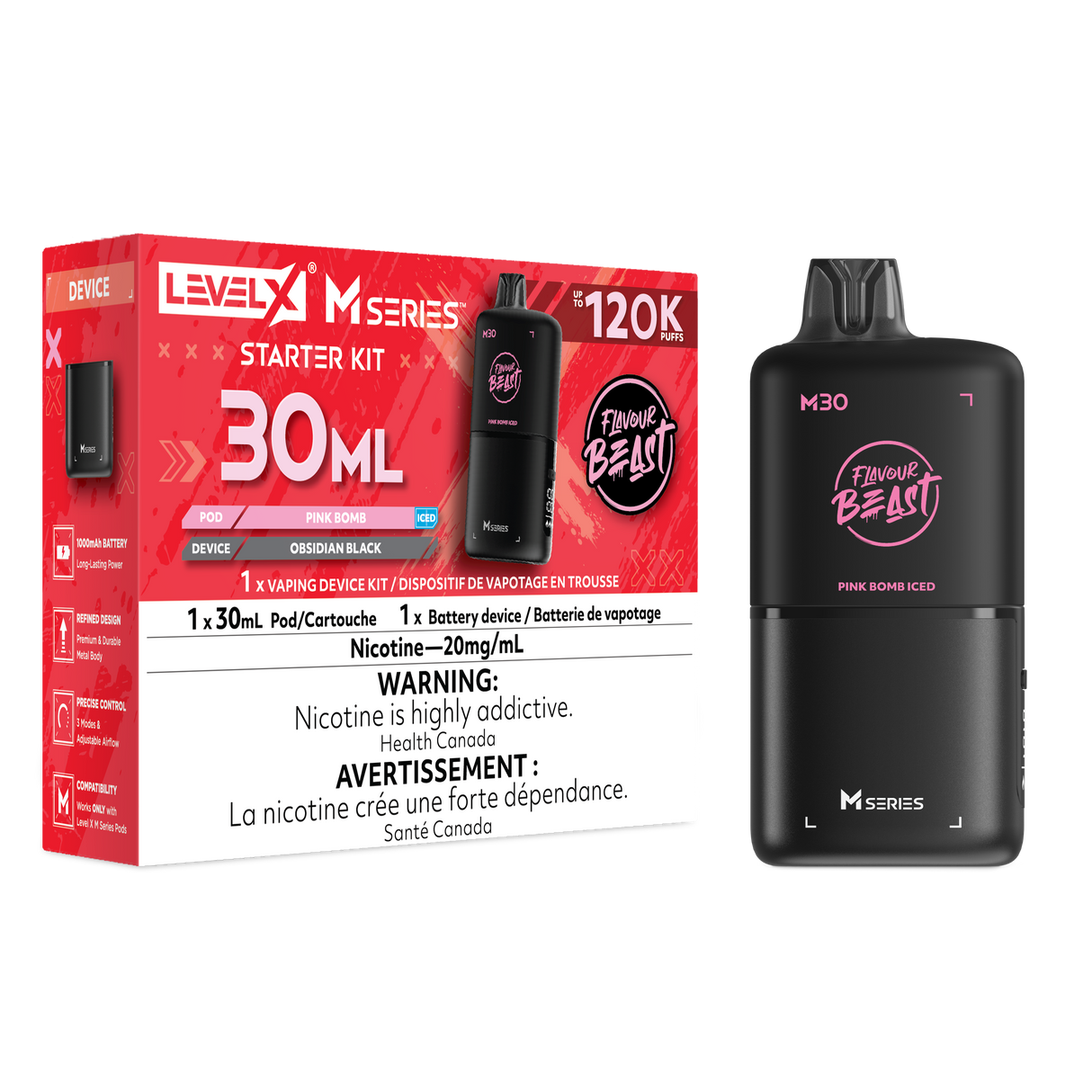 Level X M30 Pink Bomb Iced 120K Starter Kit with 30mL prefilled pod and rechargeable Obsidian Black device
