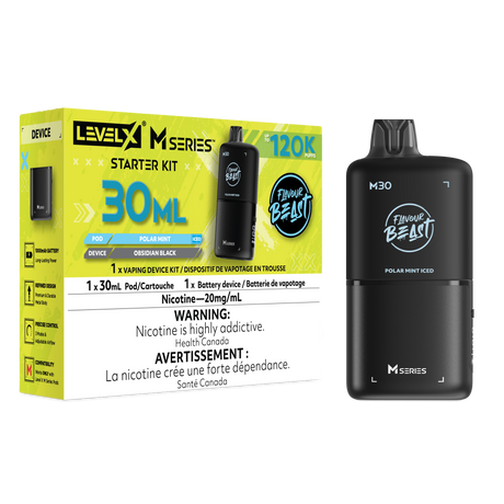 Level X M30 Polar Mint Iced 120K Starter Kit with 30mL cooling mint pod and rechargeable Obsidian Black battery