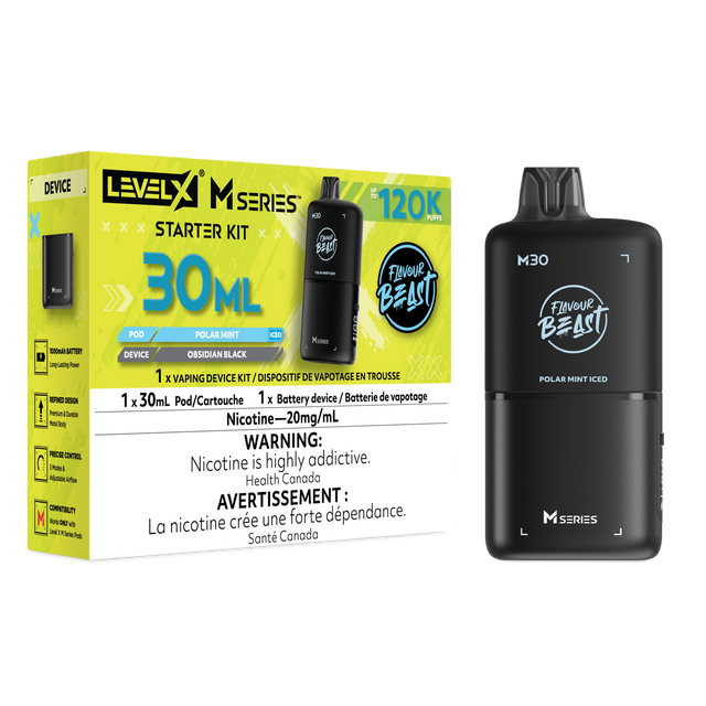 Level X M30 Polar Mint Iced 120K Starter Kit with 30mL cooling mint pod and rechargeable Obsidian Black battery