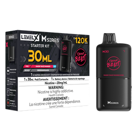 Level X M30 Ragin Razz Mango Iced 120K Starter Kit with 30mL raspberry mango ice pod and rechargeable Obsidian Black battery