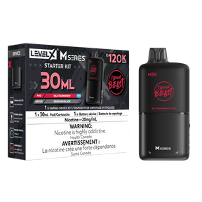 Level X M30 Sic Strawberry Iced 120K Starter Kit with 30mL strawberry ice pod and rechargeable Obsidian Black battery