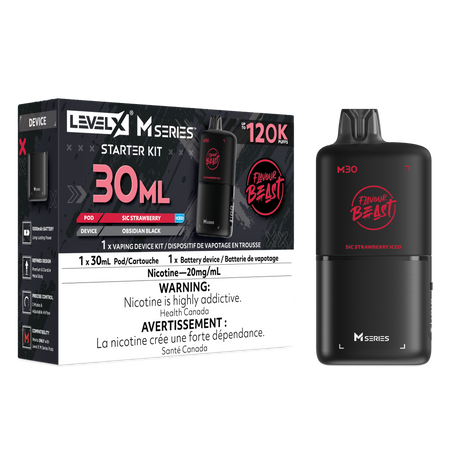 Level X M30 Sic Strawberry Iced 120K Starter Kit with 30mL strawberry ice pod and rechargeable Obsidian Black battery