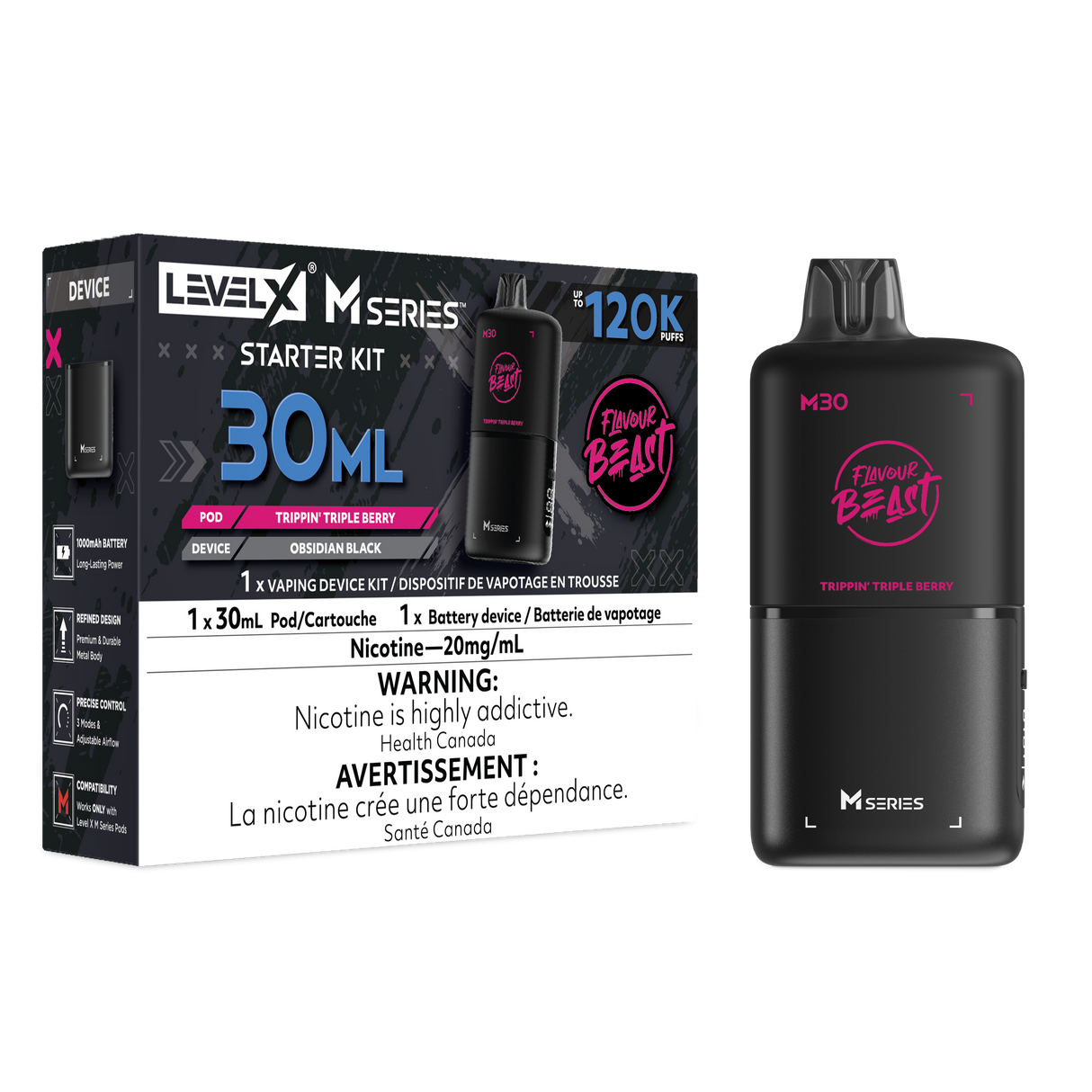 Level X M30 Trippin Triple Berry 120K Starter Kit with 30mL blueberry strawberry pomegranate pod and rechargeable battery