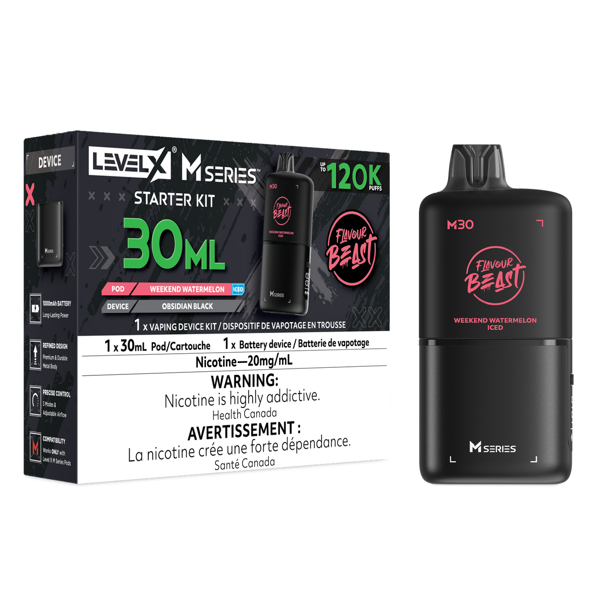 Level X M Series Weekend Watermelon Iced 120K starter kit with 30mL M30 prefilled pod