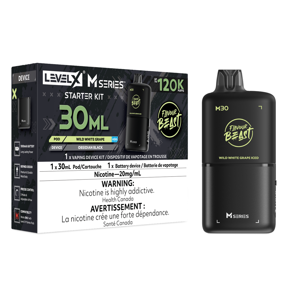 Level X M Series Wild White Grape Iced Starter Kit with 1000mAh  and 30mL M30 pod rated up to 120K puffs