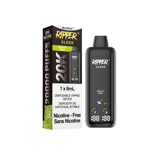 Mighty Mint Ripper SLEEK zero nicotine disposable vape with 20,000 puffs, 8mL 0mg e-liquid, dual mesh coil, and glossy glass finish – Quality Vapes Canada.