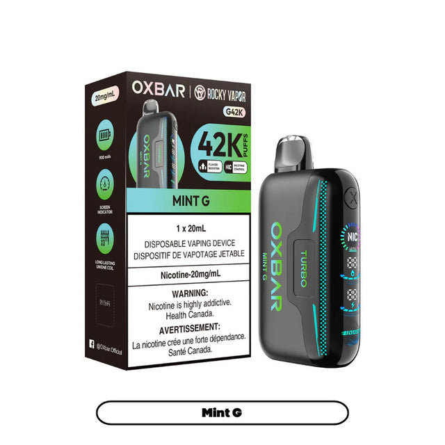 Rocky Vapor Oxbar G42K - Mint G Disposable Vape. 20ml e-liquid, 20mg/ml nicotine. 42K Puffs