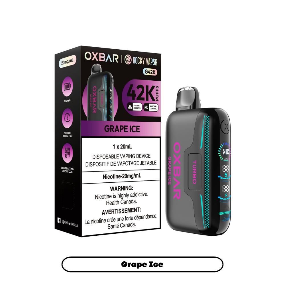 Rocky Vapor Oxbar G42K - Grape Ice Disposable Vape. 20ml e-liquid, 20mg/ml nicotine. 42K Puffs