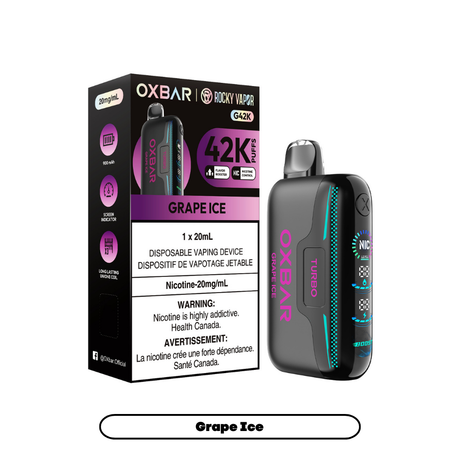 Rocky Vapor Oxbar G42K - Grape Ice Disposable Vape. 20ml e-liquid, 20mg/ml nicotine. 42K Puffs