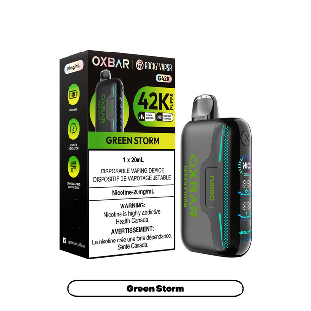 Rocky Vapor Oxbar G42K - Green Storm Disposable Vape. 20ml e-liquid, 20mg/ml nicotine. 42K Puffs