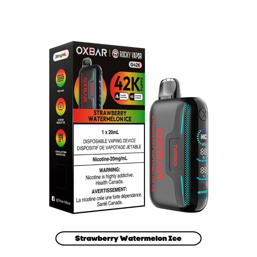Rocky Vapor Oxbar G42K - Strawberry Watermelon Ice Disposable Vape. 20ml e-liquid, 20mg/ml nicotine. 42K Puffs