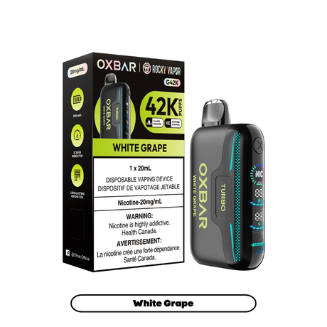 Rocky Vapor Oxbar G42K - White Grape Disposable Vape. 20ml e-liquid, 20mg/ml nicotine. 42K Puffs