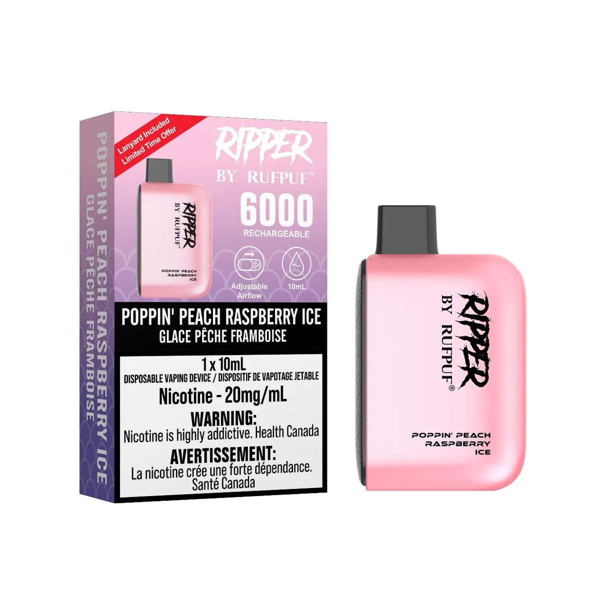 Poppin’ Peach Rasperry Ice - Rufpuf Ripper Disposable Vape 6000