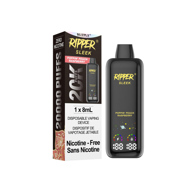 Poppin Peach Raspberry Ripper SLEEK zero nicotine disposable vape with 20,000 puffs, 8mL 0mg e-liquid, dual mesh coil