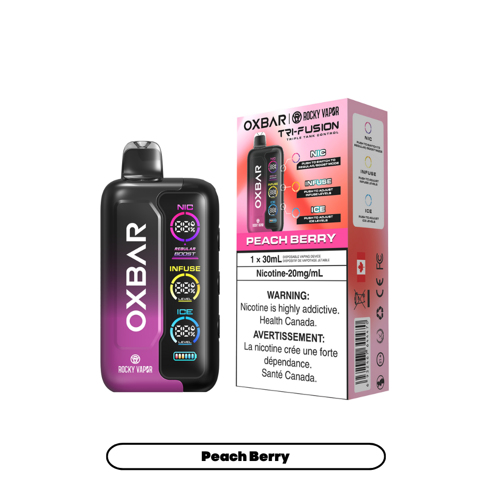 Peach Berry - Oxbar Rocky Vapor Tri Fusion Disposable Vape - 30mL - 30000+ Puffs - Nicotine Strength 20mg/mL.