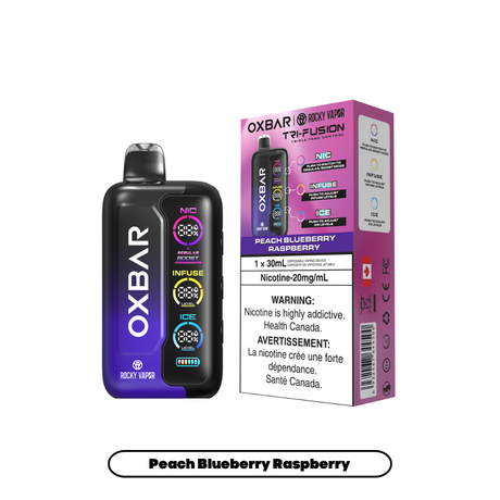 Peach Blueberry Raspberry – Oxbar Rocky Vapor Tri Fusion Disposable Vape 30mL. Nicotine strength 20mg/mL.