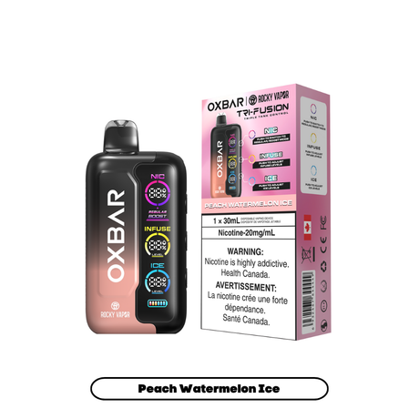 Peach Watermelon Ice- Oxbar Rocky Vapor Tri Fusion Disposable Vape - 30mL - 30000+ Puffs - Nicotine Strength 20mg/mL.