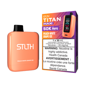 Peach White Grape Ice - STLTH Titan Max 50K Disposable Vape, 50,000 puffs, 20mg/ml nicotine strength, 30ml e-liquid capacity.