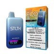 STLTH ECO XL Blue Lemon Ice disposable vape with digital display shown next to packaging featuring citrus ice flavour design