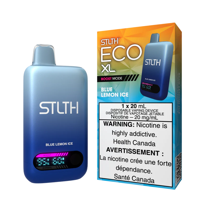 STLTH ECO XL Blue Lemon Ice disposable vape with digital display shown next to packaging featuring citrus ice flavour design