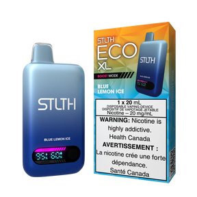 STLTH ECO XL Blue Lemon Ice disposable vape with digital display shown next to packaging featuring citrus ice flavour design