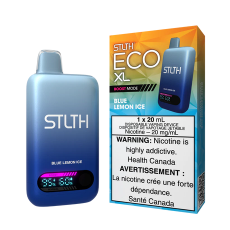 STLTH ECO XL Blue Lemon Ice disposable vape with digital display shown next to packaging featuring citrus ice flavour design