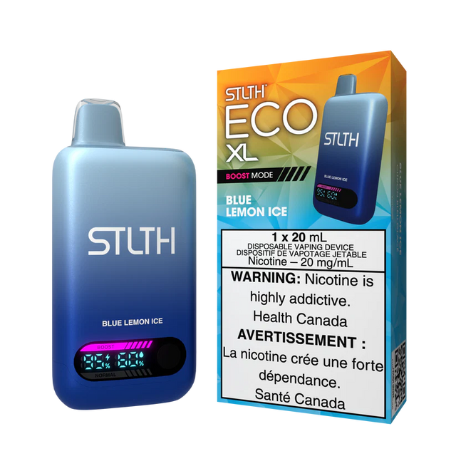 STLTH ECO XL Blue Lemon Ice disposable vape with digital display shown next to packaging featuring citrus ice flavour design