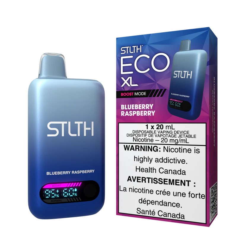 STLTH ECO XL Blueberry Raspberry disposable vape device with digital display shown alongside original packaging box in blue and purple gradient design