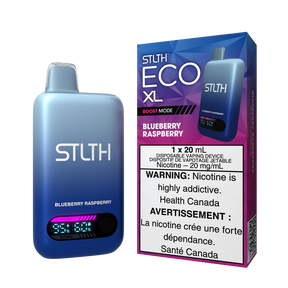 STLTH ECO XL Blueberry Raspberry disposable vape device with digital display shown alongside original packaging box in blue and purple gradient design