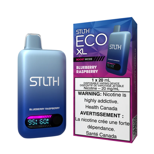 STLTH ECO XL Blueberry Raspberry disposable vape device with digital display shown alongside original packaging box in blue and purple gradient design