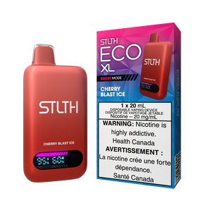 STLTH ECO XL Cherry Blast Ice disposable vape device shown with packaging featuring cherry flavour and icy finish design