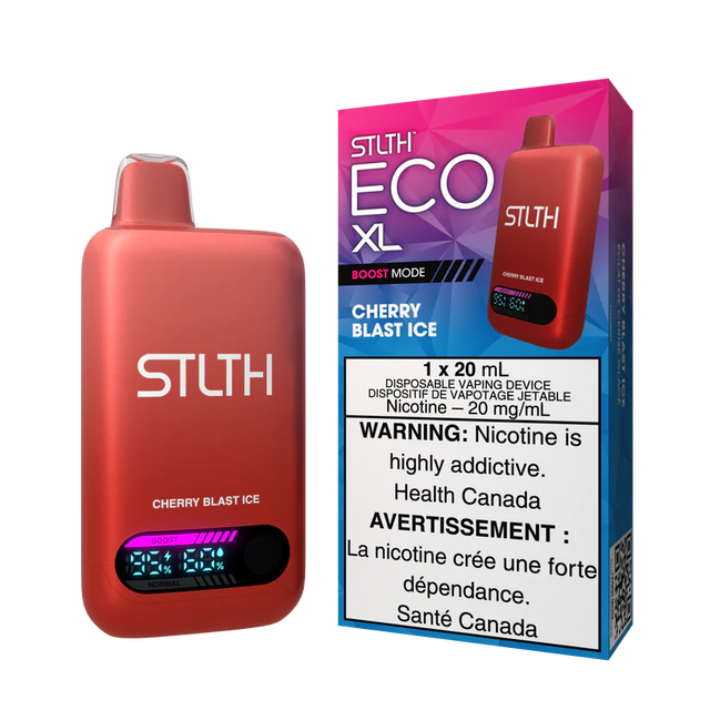 STLTH ECO XL Cherry Blast Ice disposable vape device shown with packaging featuring cherry flavour and icy finish design