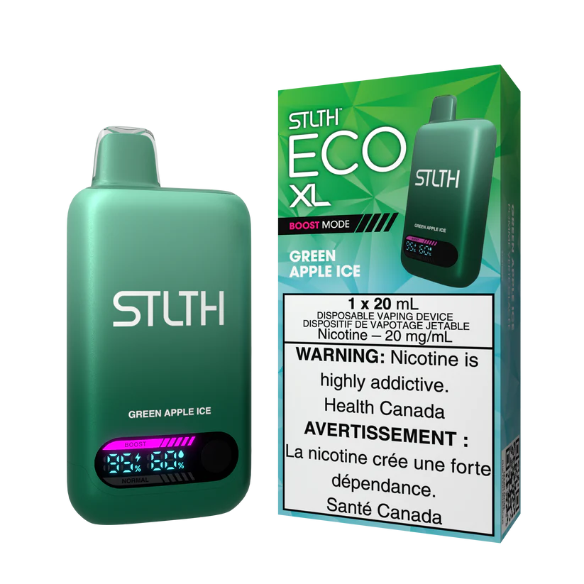 STLTH ECO XL Green Apple Ice disposable vape device with display shown alongside packaging featuring green apple and icy flavour design