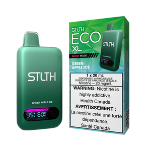 STLTH ECO XL Green Apple Ice disposable vape device with display shown alongside packaging featuring green apple and icy flavour design