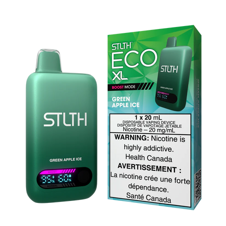 STLTH ECO XL Green Apple Ice disposable vape device with display shown alongside packaging featuring green apple and icy flavour design