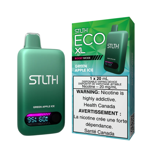 STLTH ECO XL Green Apple Ice disposable vape device with display shown alongside packaging featuring green apple and icy flavour design