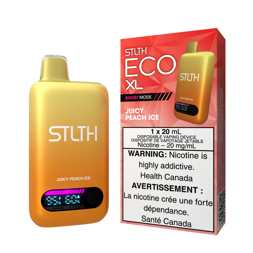 STLTH ECO XL Juicy Peach Ice disposable vape device with display shown alongside packaging featuring peach and icy flavour design