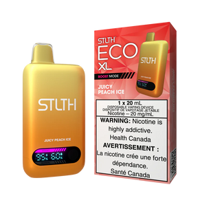 STLTH ECO XL Juicy Peach Ice disposable vape device with display shown alongside packaging featuring peach and icy flavour design