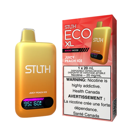 STLTH ECO XL Juicy Peach Ice disposable vape device with display shown alongside packaging featuring peach and icy flavour design