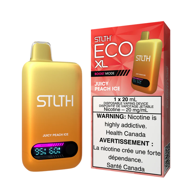 STLTH ECO XL Juicy Peach Ice disposable vape device with display shown alongside packaging featuring peach and icy flavour design